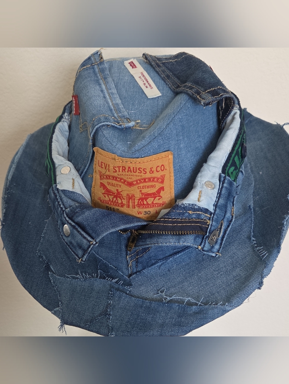Upcycled Levi's Blue Denim Jeans with Leather Patch